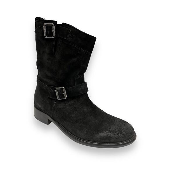 BELSTAFF Black Suede Bedford Buckle Accents Mid Calf Moto Booties Boots 36.5 - Picture 2 of 8
